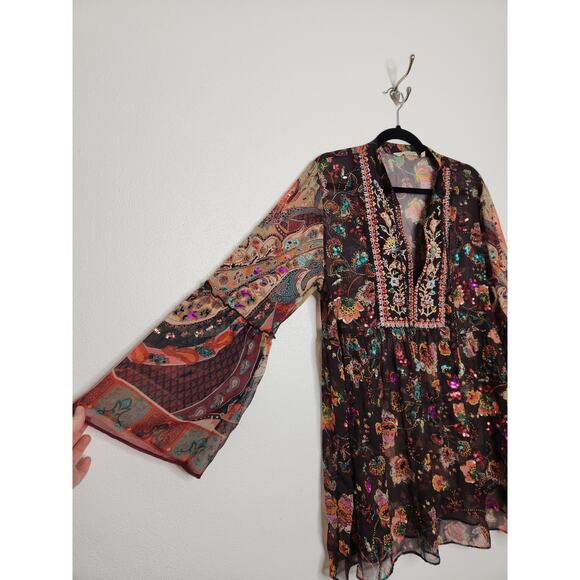 Soft Surroundings Boho Beaded Sequence Embroidered Sheer Oversized Flowy Shirt - Picture 2 of 9